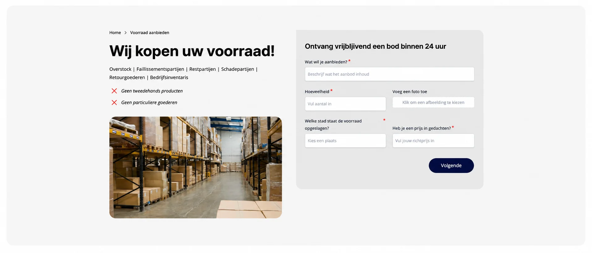 Homepage van De-Stock met aanbod om restpartijen over te nemen